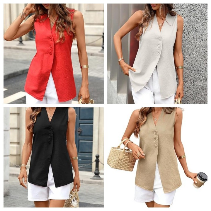 Solid-color Sleeveless Cotton-linen Womens Top