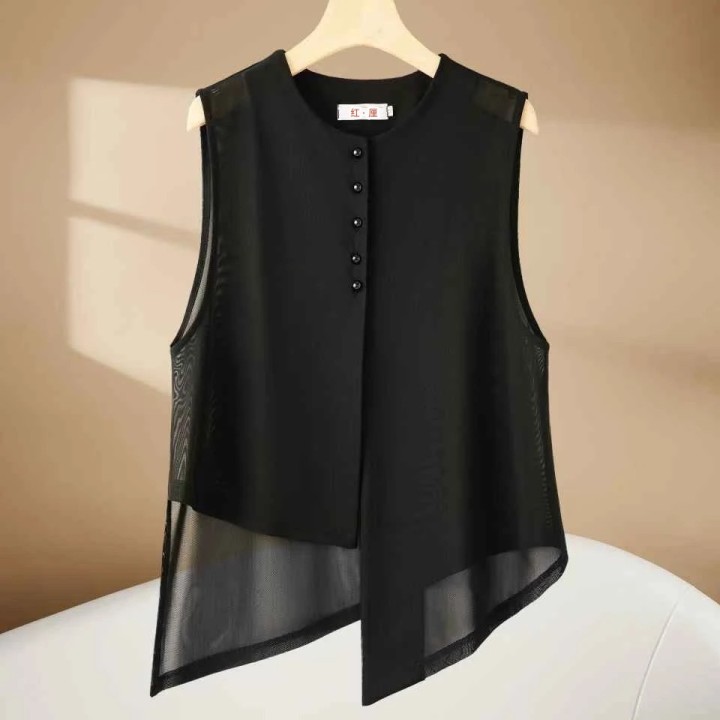 Versatile Sleeveless Womens Garment With Designer Touch Round-Neck Mesh Vest