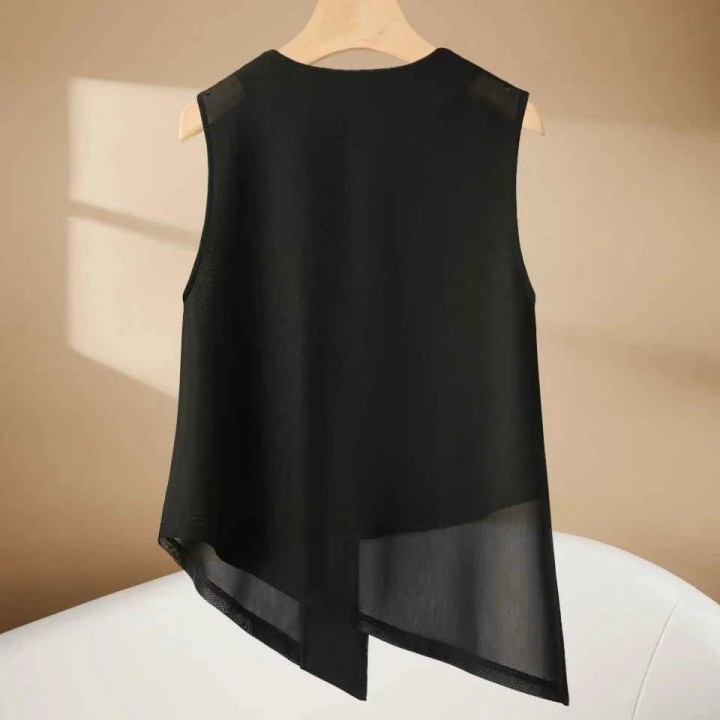 Versatile Sleeveless Womens Garment With Designer Touch Round-Neck Mesh Vest