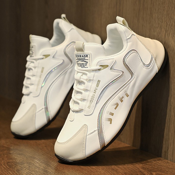 Fashion Colorblock Lace-up Sneakers For Men Breathable Low-top Dad Shoes Running Walking Sports Shoes - Leather White Grey